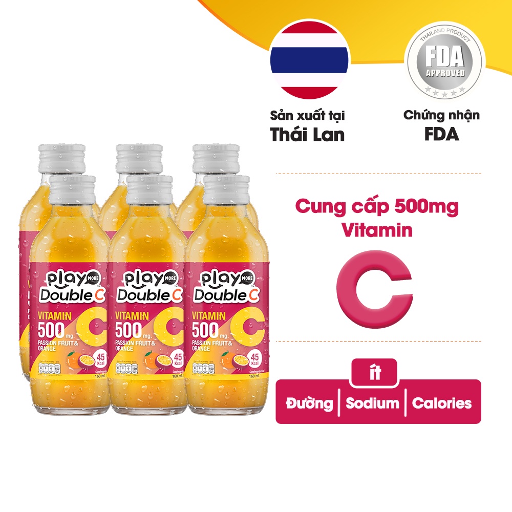 Lốc 6 chai nước giải khát vị chanh dây và cam Playmore Double C 160ml x 6 chai thức uống bổ sung viatmin C