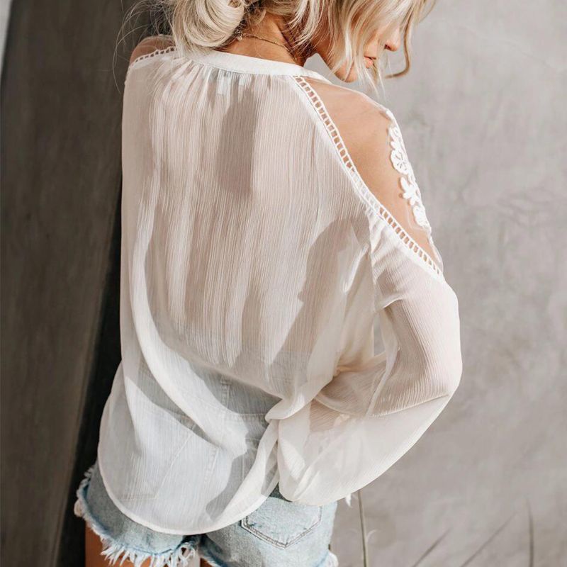 Xiangbao Áo Sơ Mi Dài Tay Phối Ren Hoa Màu Trơn Trong Suốt Gợi Cảm Cho Nữ