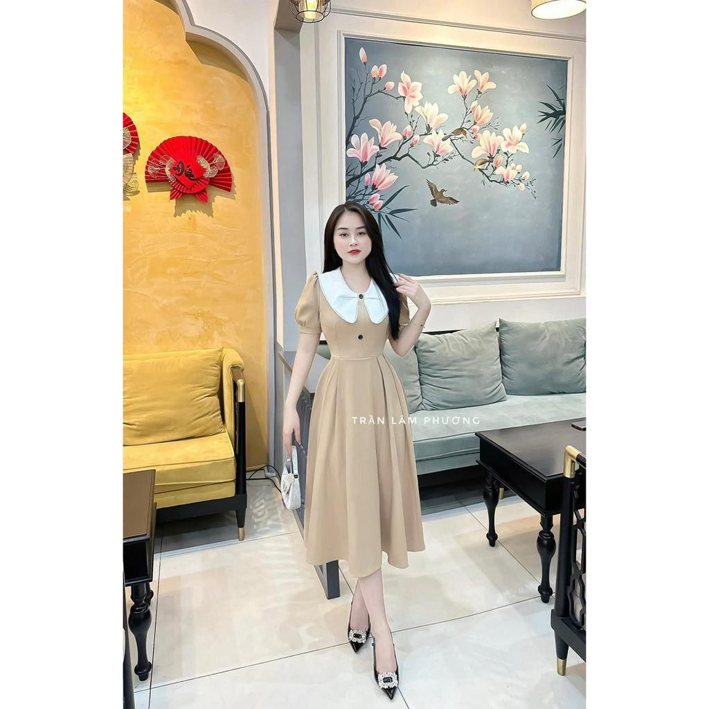 [6,6 Sales Freeship] Đầm tiểu thư nữ, đầm midi cổ trắng bèo tay phồng ôm eo dáng dài thanh lịch,nữ tính mtb