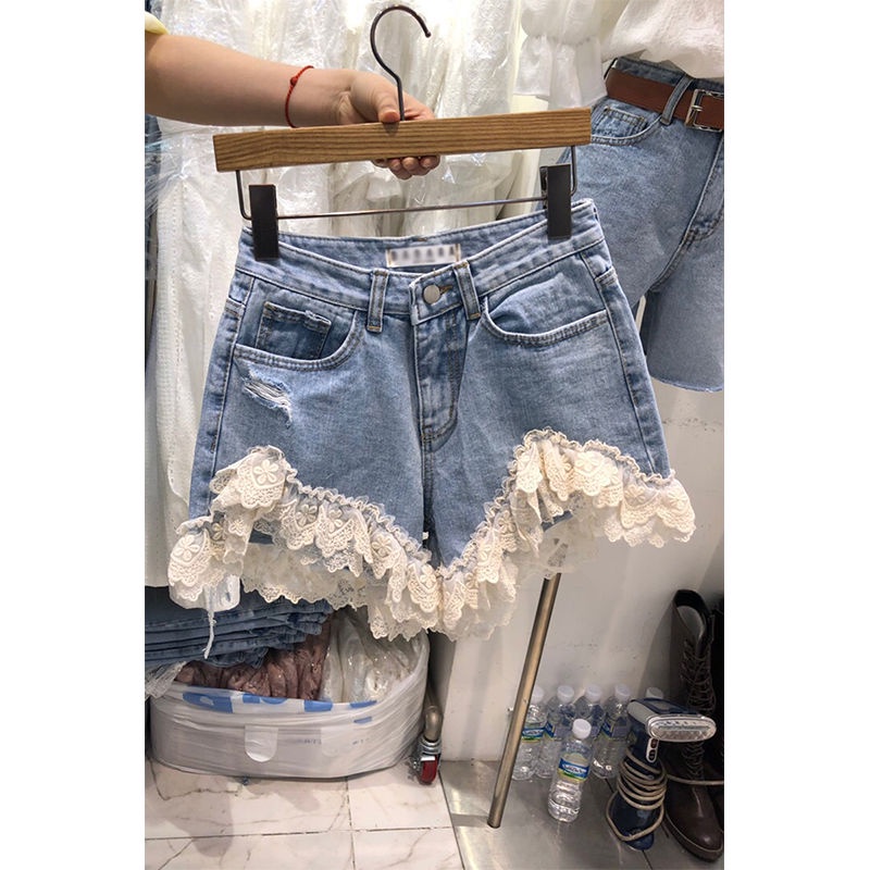 Bán Chạy!F &amp; X Quần Short Denim Viền Ren Cá Tính Thời Trang Mùa Hè Hàn Quốc 2022 Có Túi Phối Ren Phong Cách Hàn Quốc Cho Nữ