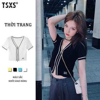 【Quảng Châu】Nữ mùa hè áo len ngắn tay dệt kim cổ chữ V đầy màu sắc Ulzzang streetwear