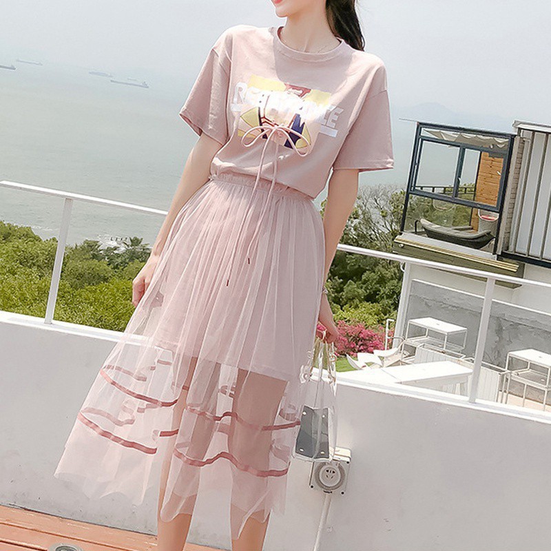 Đầm tay ngắn in hình trẻ trung + chân váy lưới thời trang mùa hè cho nữ | BigBuy360 - bigbuy360.vn