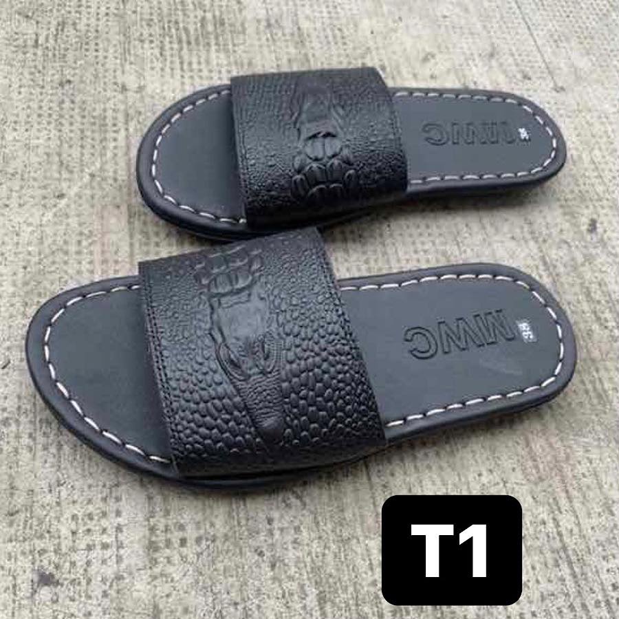 Dép Nam quai ngang da bò đế nhện chống nước in vân đầu cá sấu 2 màu đen và nâu T01-02