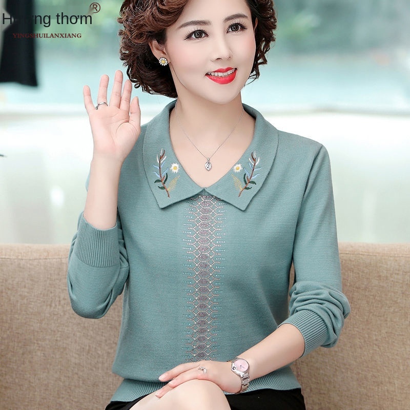 Áo dệt kim của phụ nữ trung niên và cao tuổi, áo len bà mẹ mới, áo sơ mi đáy thu