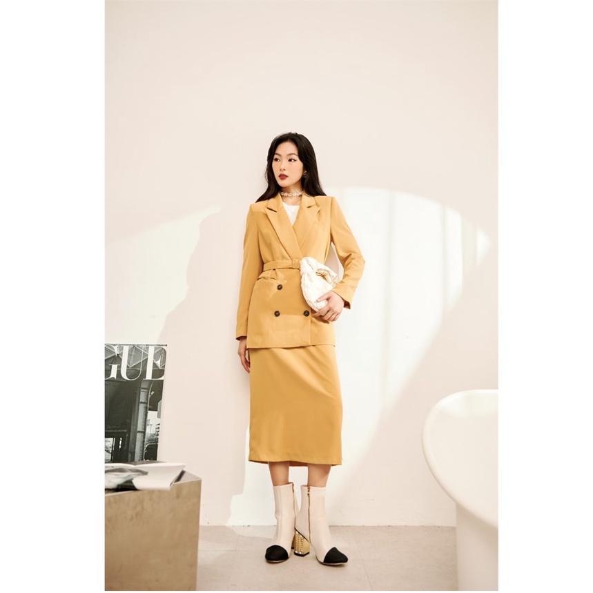 Set áo vest phối chân váy dáng dài màu vàng cá tính A00529