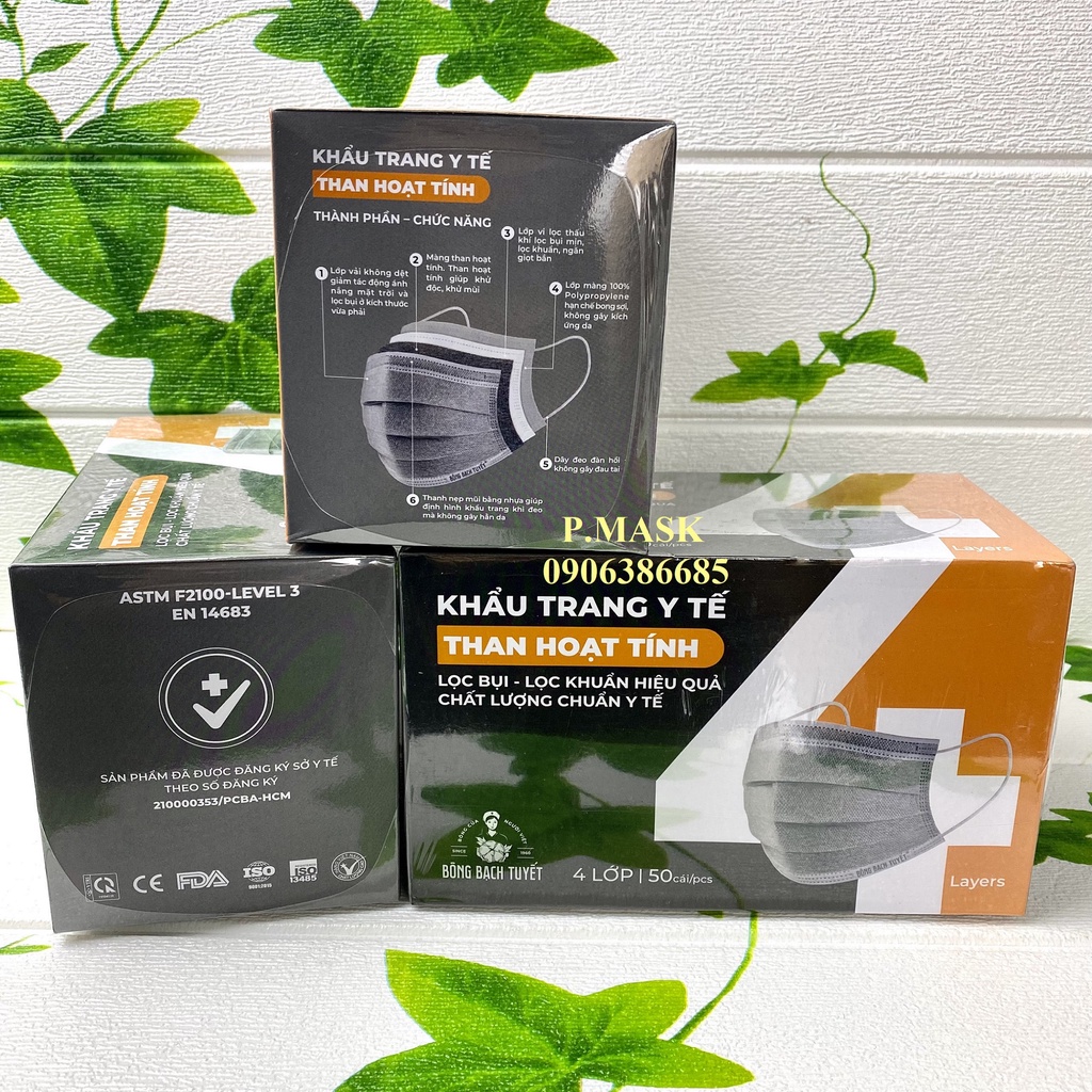 Khẩu trang THAN HOẠT TÍNH 4 lớp BẠCH TUYẾT mới 50 cái / hộp chính hãng Bông Bạch Tuyết