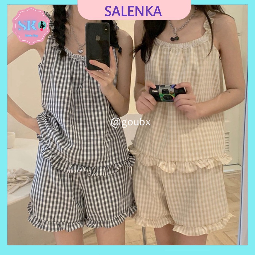 Bộ Ngủ Kate 2 Dây Mặc Nhà 3 Màu Caro Siêu Cute Salenka