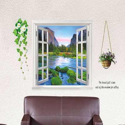 Decan dán tường 3D Ô CỬA SỔ NHÌN RA PHONG CẢNH THIÊN NHIÊN ĐẸP - TRANH DÁN TƯỜNG GIẢ CỬA SỔ