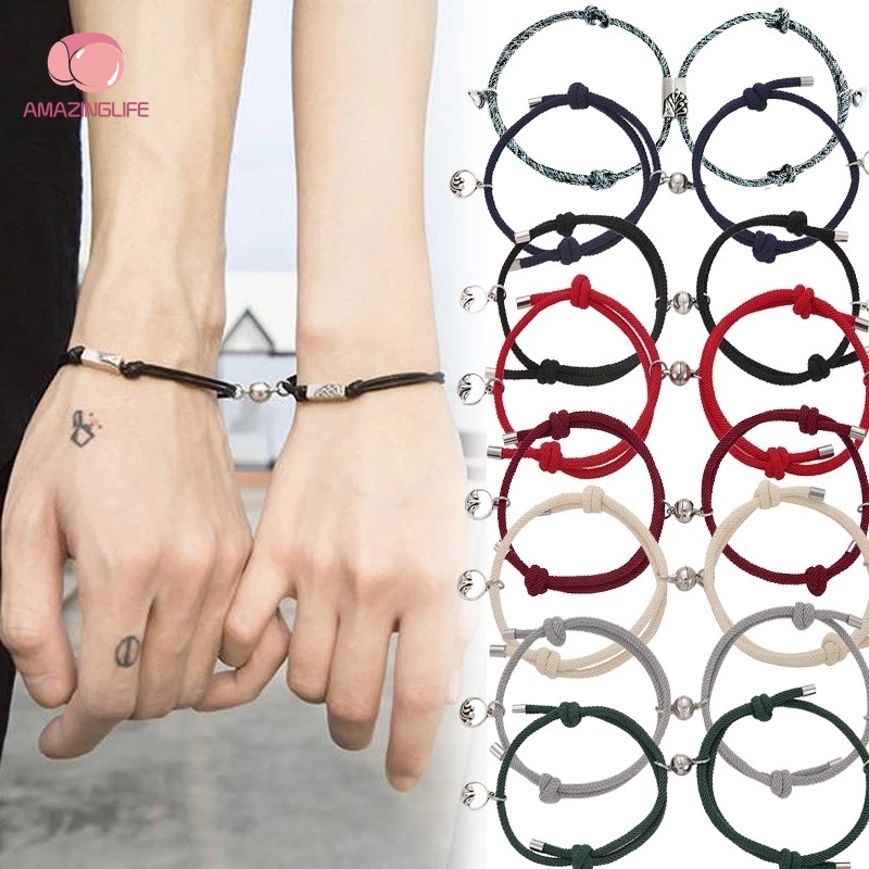 Bộ 2 Vòng Tay Dây Bện Phối Hạt Nam Châm Thiết Kế Tối Giản Phù Hợp Làm Quà Valentine / Cặp Đôi