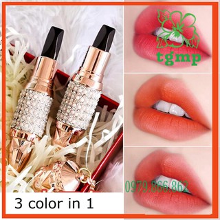 Nữ hoàng của vương trượng son môi 3 trong 1 ba màu son môi lâu dài dính môi giữ ẩm không thấm nước kim cương matte