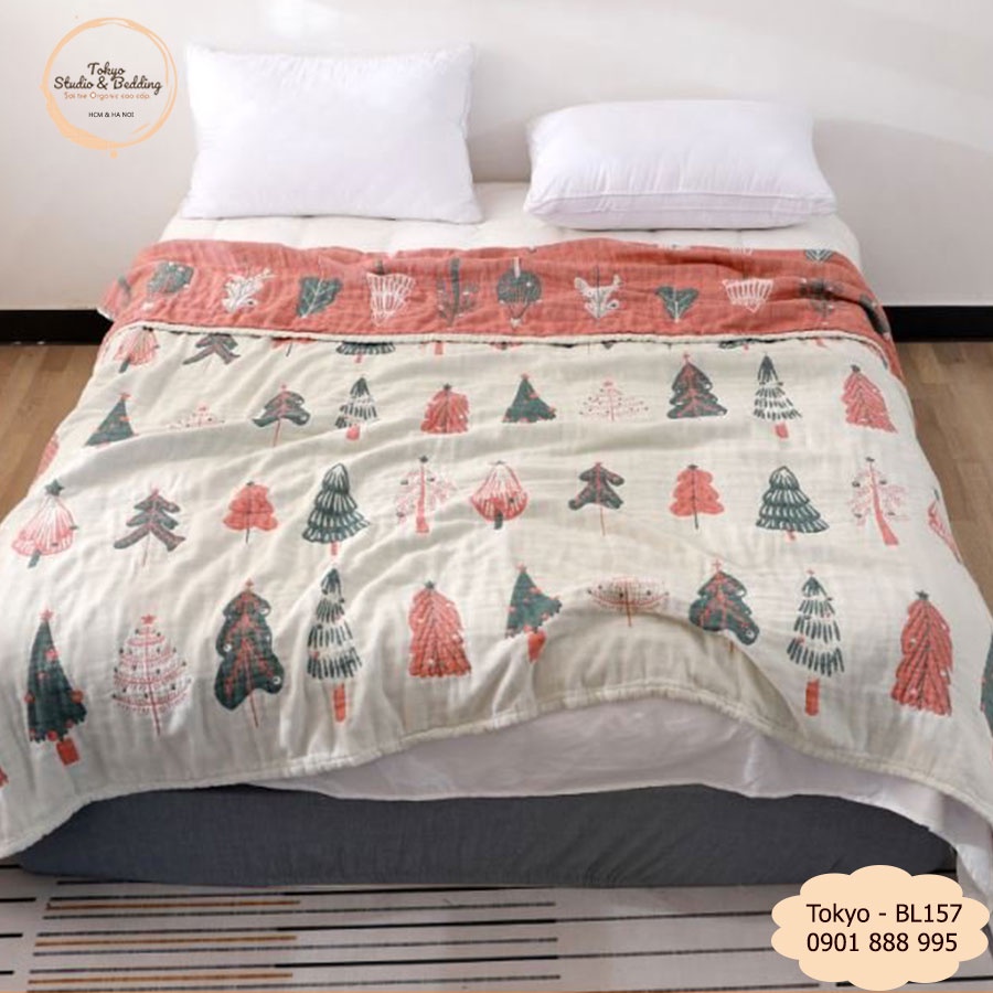 Món quà Noel _ Chăn/Ga/Gối Xô cotton sợi tre Organic dòng Basic_họa tiết cây thông