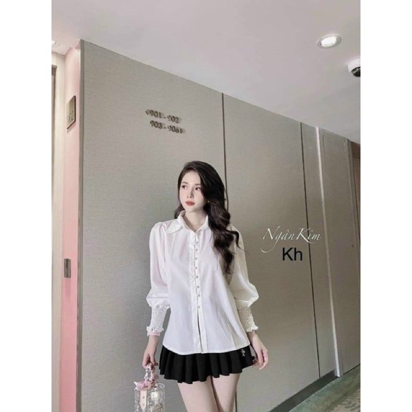 Áo trắng nữ cúc ngọc dài tay