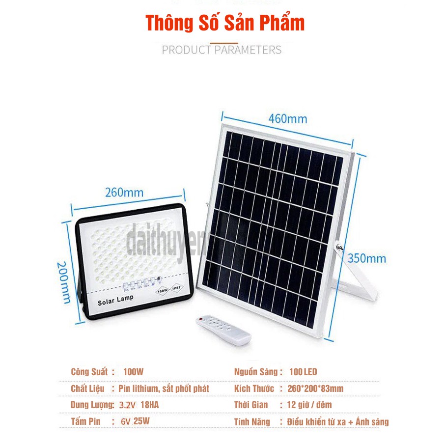 Đèn Pha Năng Lượng Mặt Trời 100W Tổ Ong Chóng Chói Chóng Nước IP67.