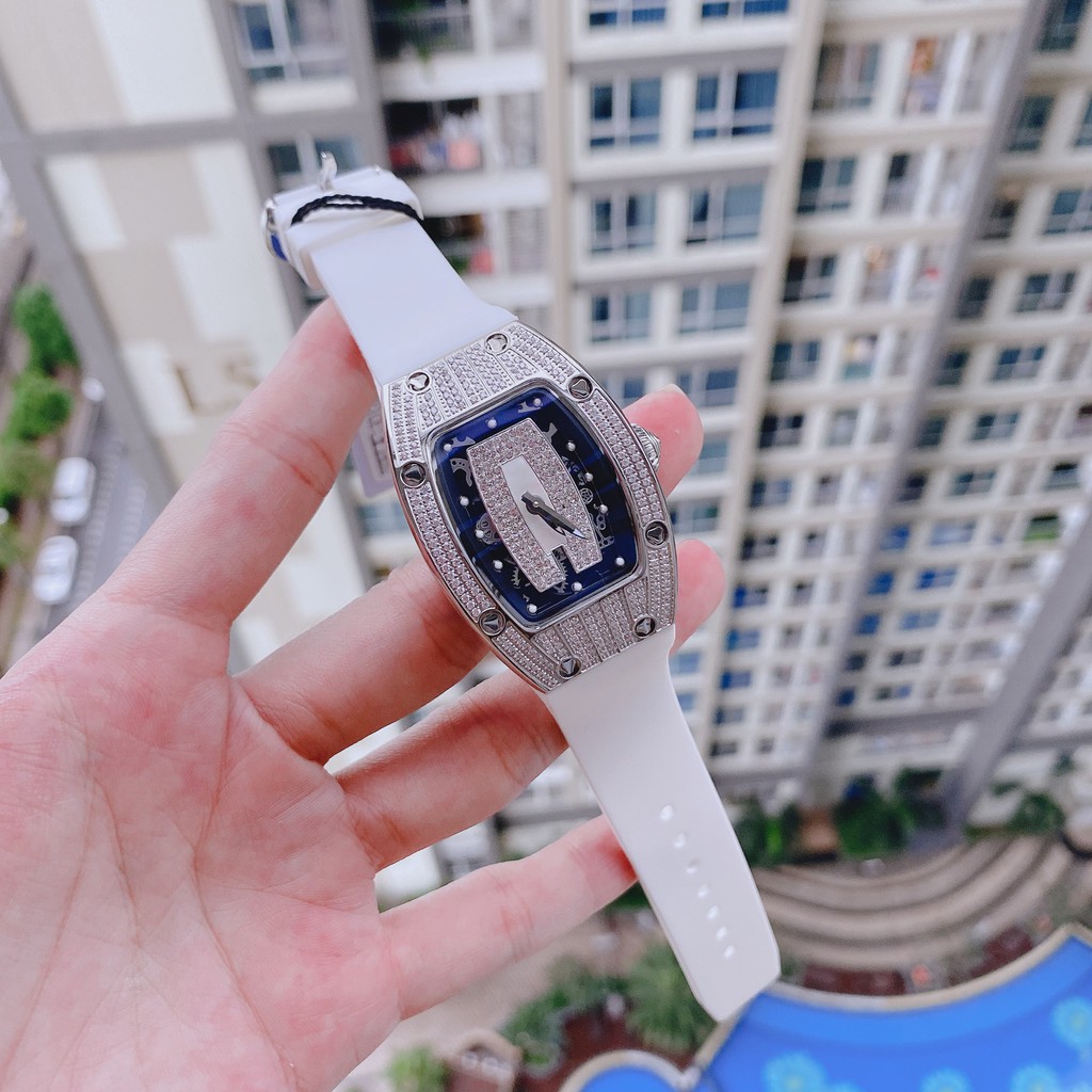Đồng Hồ Huboler Hanboro Nữ Dây Silicon Trắng Mặt Đính Đá Silver Chính Hãng 31x42mm