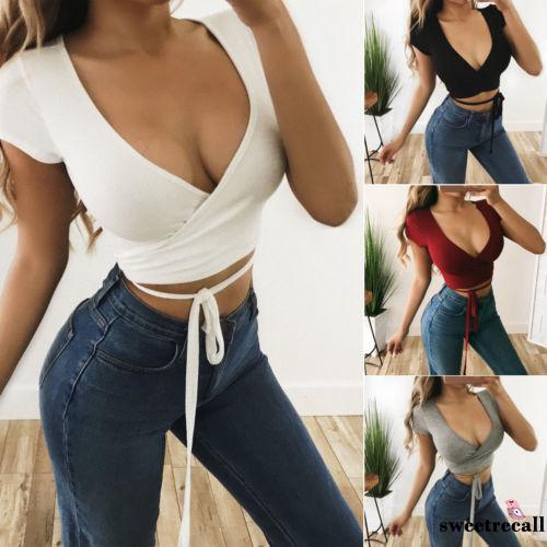 Áo lửng nữ tay ngắn vạt đắp chéo cổ chữ V quyến rũ
