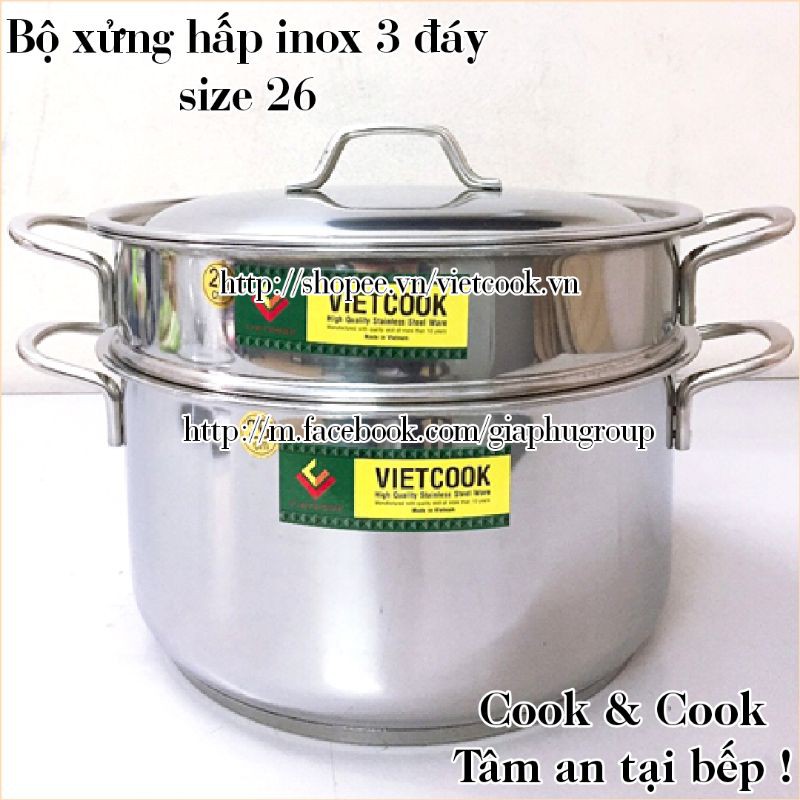 [Chính Hãng] Bộ xửng hấp inox 2 tầng đáy từ size 24, 26, 28, 30, 32 cm VIETCOOK, chõ hấp thực phẩm đồ xôi inox