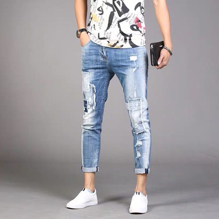 Quần jean nam rách gối dáng body ống côn co giãn freeship