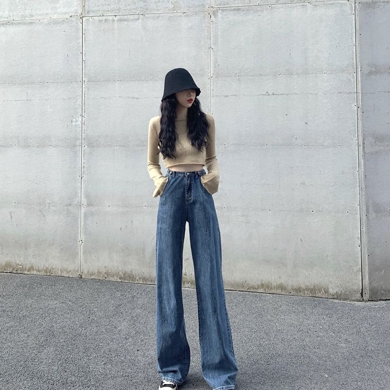Daduhey Quần Jeans Nữ Cạp Cao Ống Rộng Cá Tính