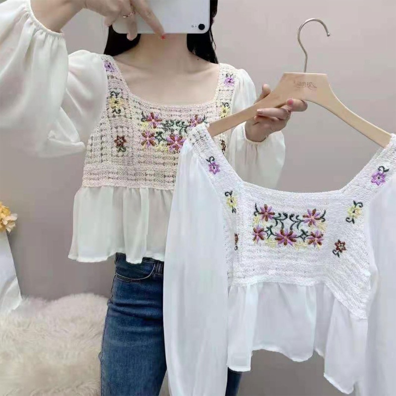 Brroa Áo Peplum Dệt Kim Dài Tay Viền Bèo Nhún Họa Tiết Hoa Cho Nữ