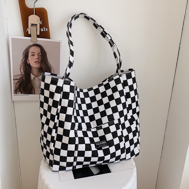 Túi checked tote caro unisex (có sẵn)
