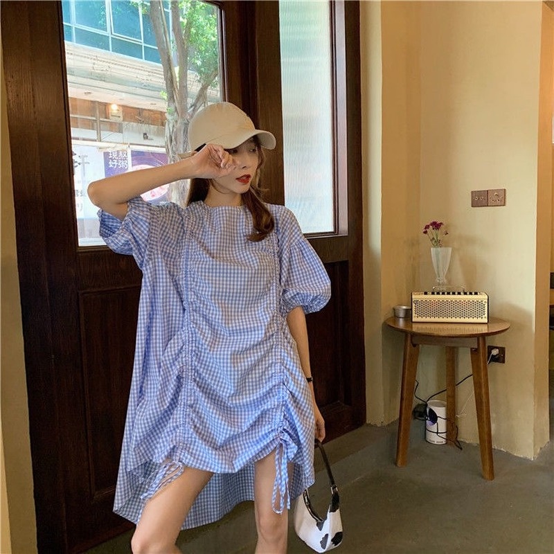 Đầm Dáng Rộng Tay Phồng Họa Tiết Sọc Caro Thiết Kế Dây Rút Thời Trang Mùa Hè Hàn Quốc Mới