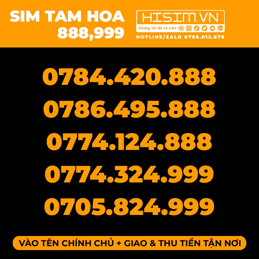 Sim TAM HOA 888, 999 giá 1tr9, trả trước vào tên chính chủ | HiSim.VN