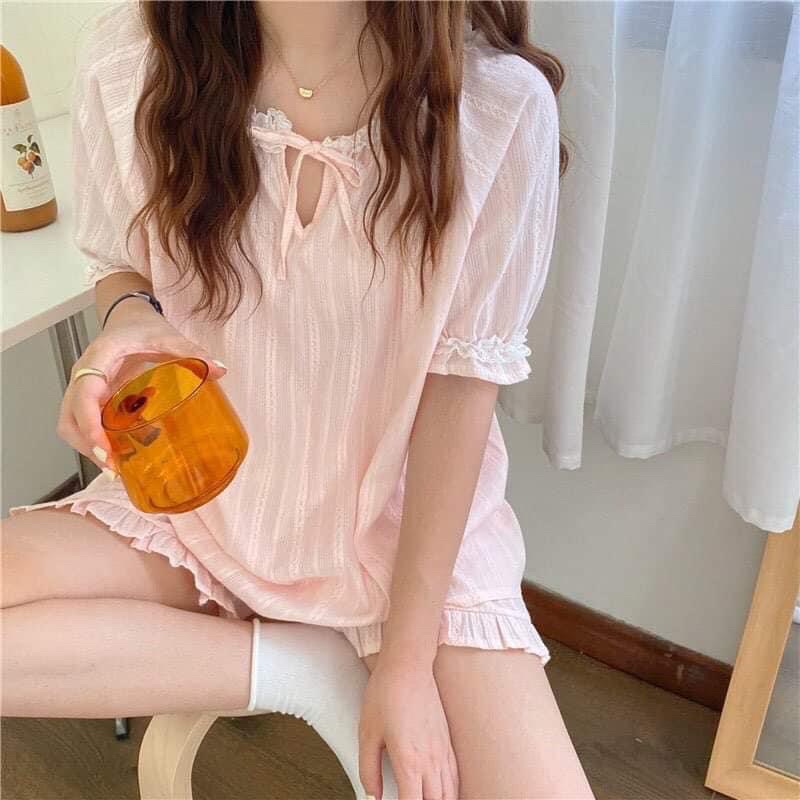 Bộ đồ mặc nhà - Bộ ngủ vải thô viền ren Ulzzang hai màu