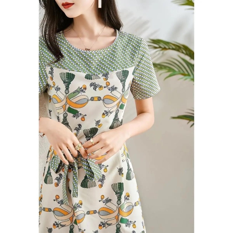 Đầm Chiết Eo In Họa Tiết Màu Sắc Tương Phản Thời Trang Mùa Hè Cho Nữ
