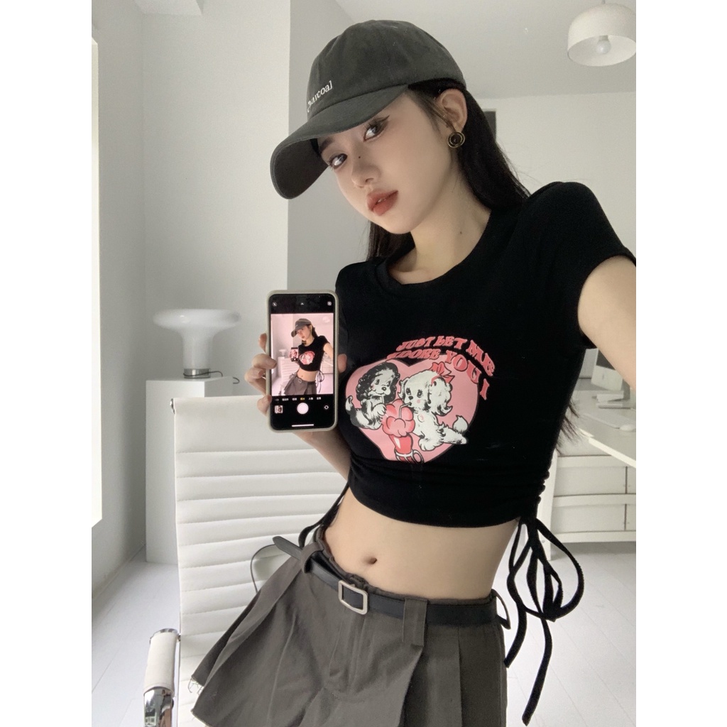 Áo Thun Tay Ngắn Dáng Ôm Cột Dây In Họa Tiết Thời Trang Hàn Quốc Quyến Rũ Cho Nữ