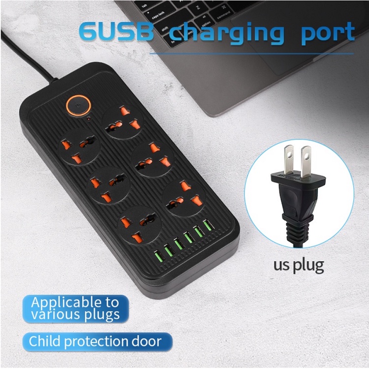 Ổ Điện 6 Cổng USB, Đa Năng Thông Minh Sạc Nhanh QC3.0, 6 Ổ Điện A07 Chịu Tải 2500W - Chống Cháy Nổ