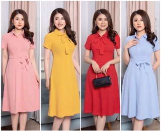 Đầm A cổ đức nẹp đai NK
