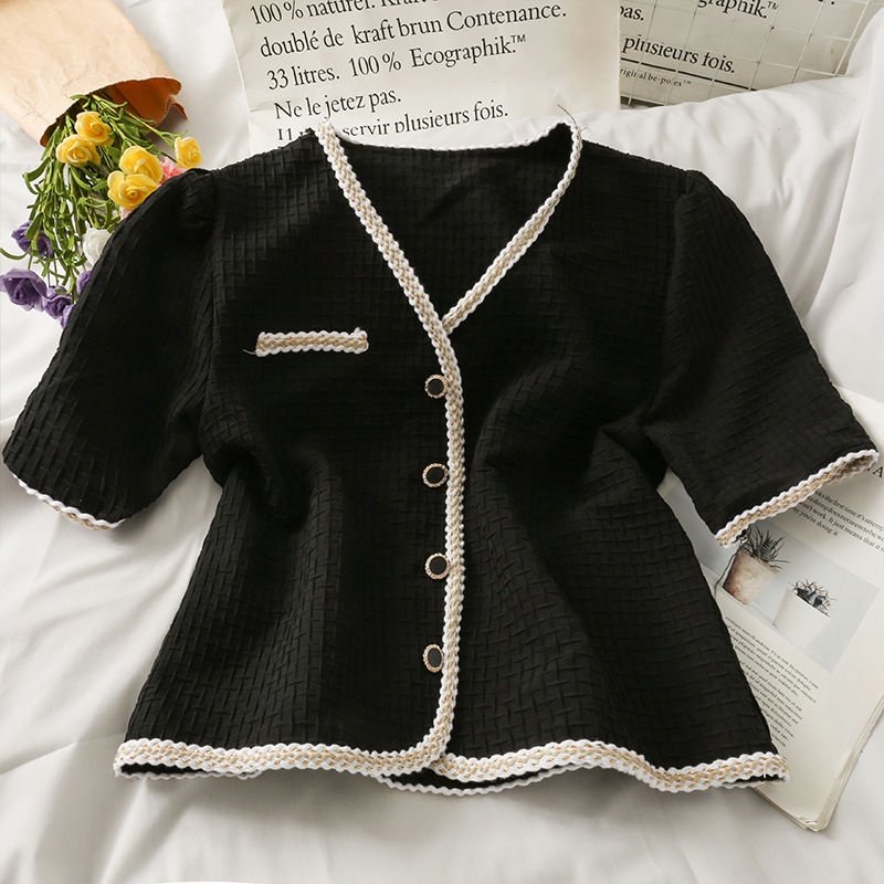 Áo lụa mỏng tay ngắn phối viền kẻ ô vuông phong cách Pháp thời trang mùa hè 2022 cho nữ