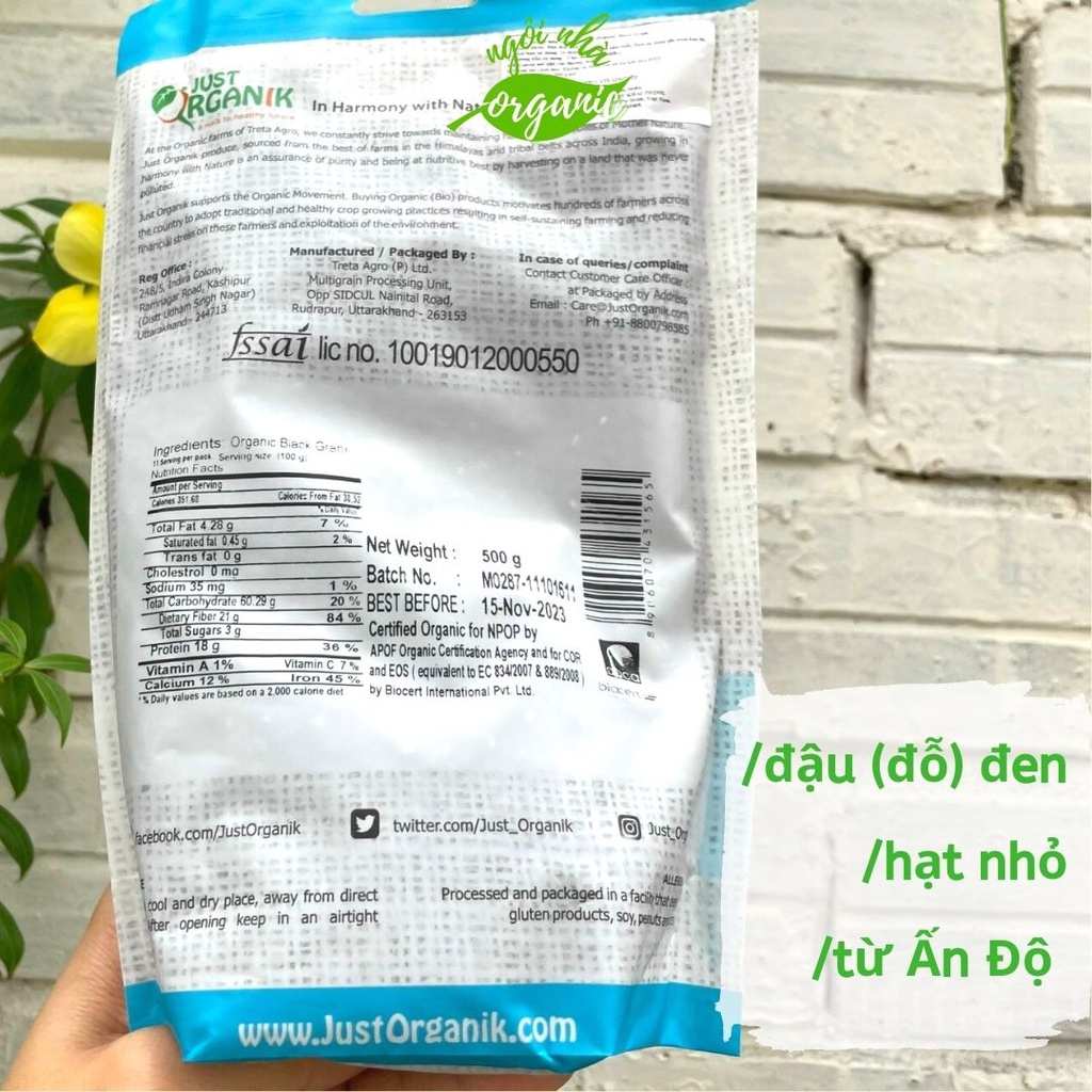 Đậu đen (đỗ đen) hữu cơ hạt nhỏ 500g Just Organik Organic Black Gram