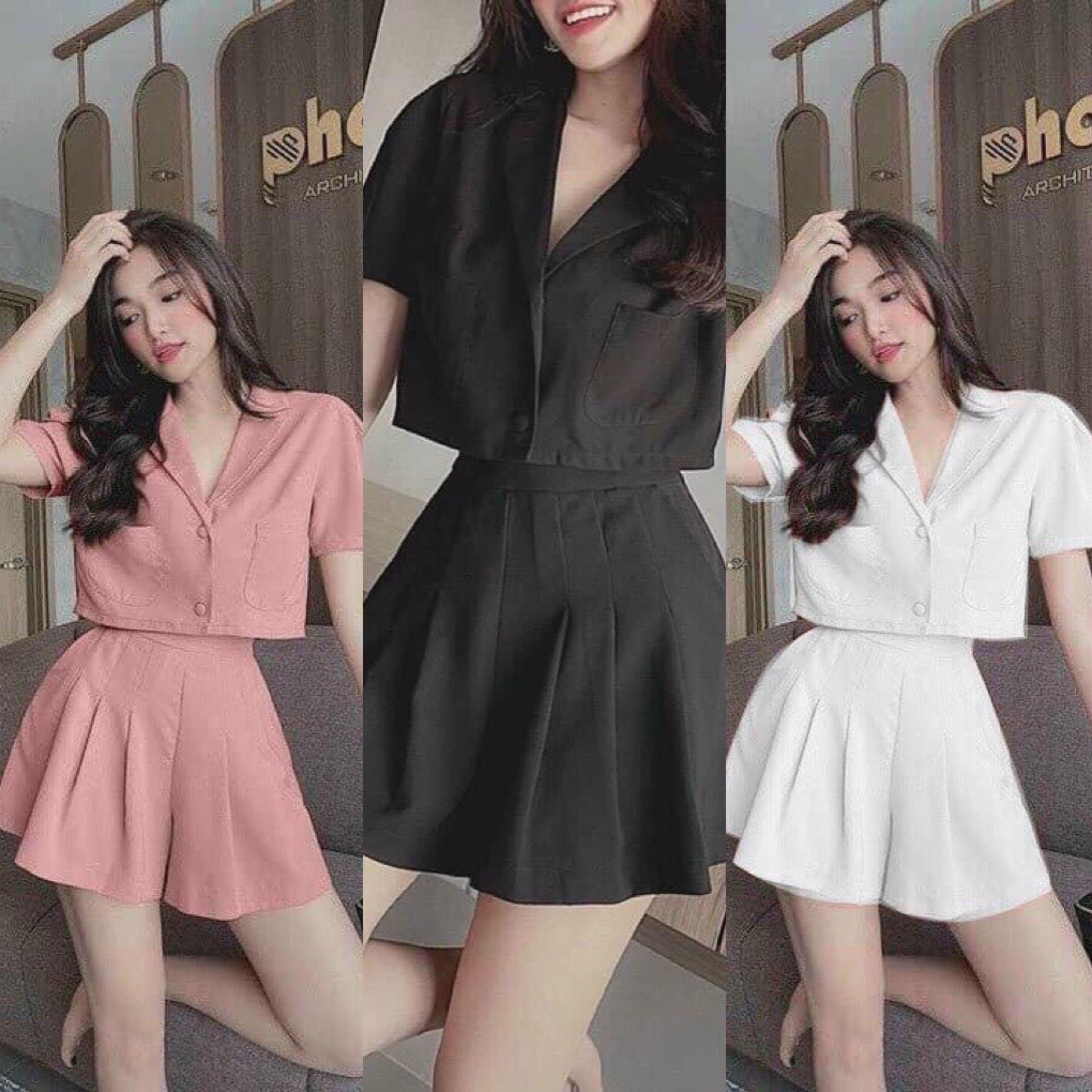 Set bộ croptop trơn basic quần giả váy TL239
