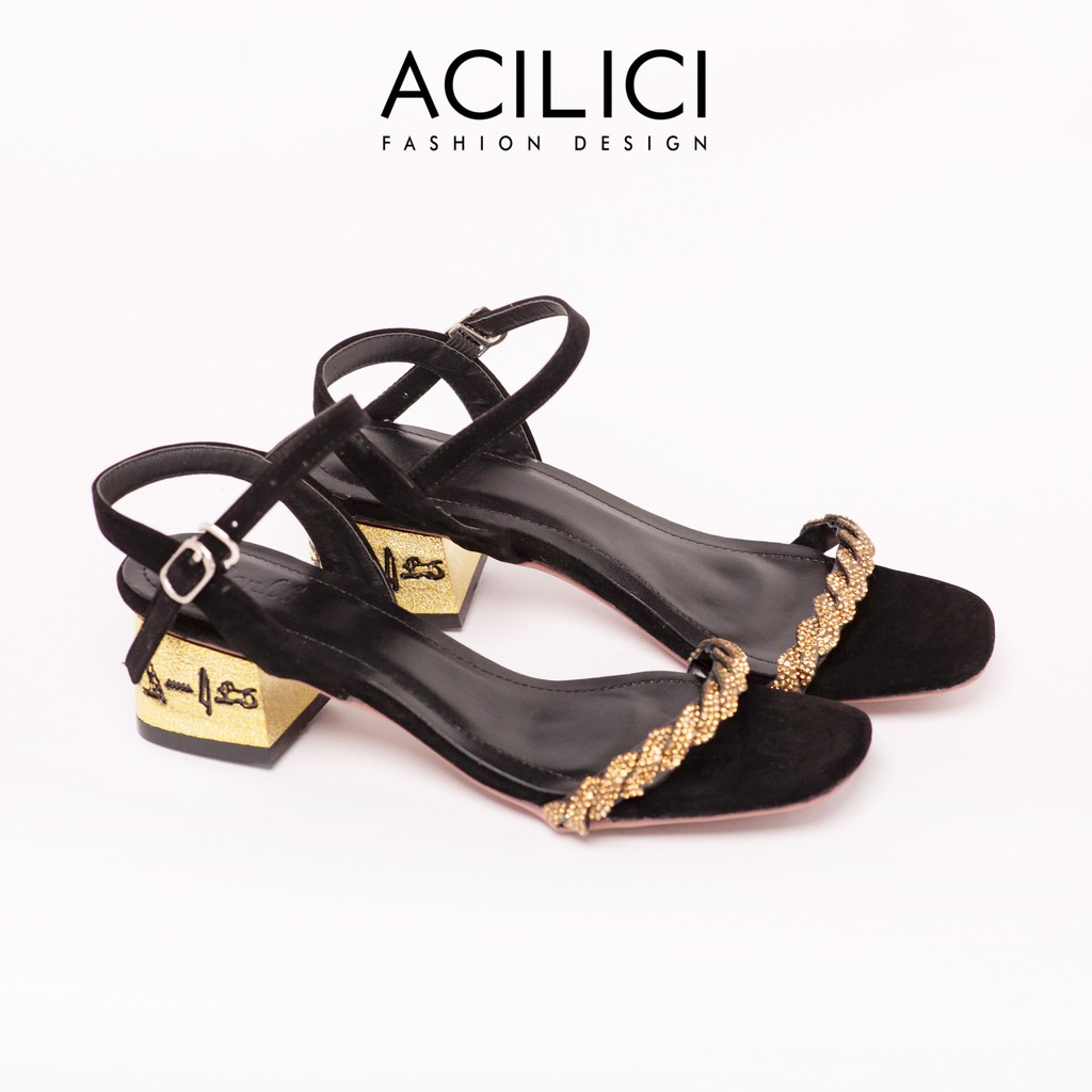 Giày sandal nữ ACILICI đế vuông chất nhung nỉ đính đá siêu xinh hàng chuẩn size 35-40, gót cao 5p_TC56