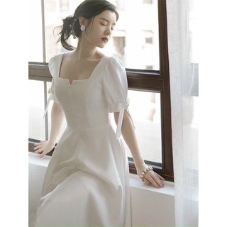 Đầm vintage công chúa trắng cổ khoá nút bọc dáng xoè dài (kèm hình thật)