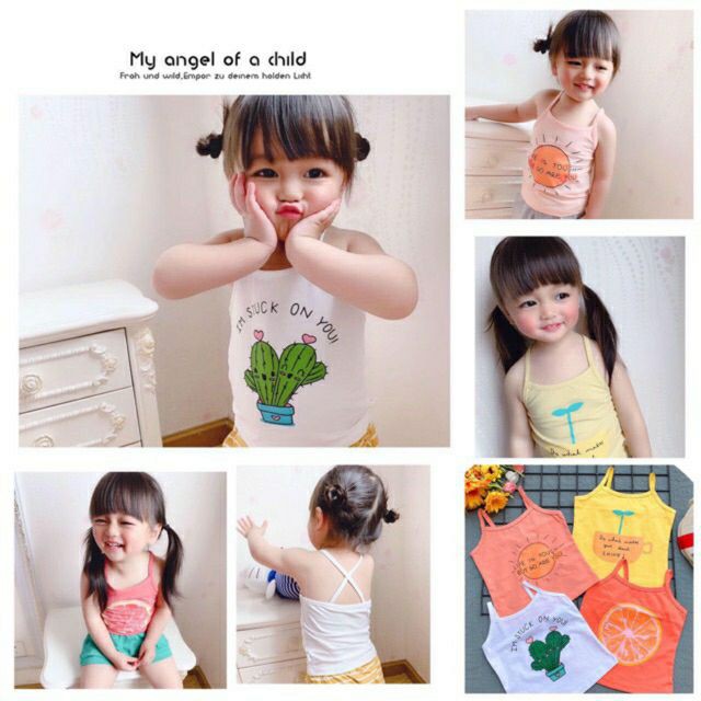 Áo 2 dây in hình hoa quả chất thun cotton cho bé gái mặc đi biển cực kỳ đáng yêu