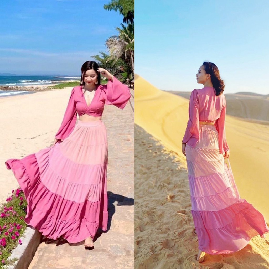 Set maxi đi biển cổ V phối mặc 2 kiểu phong cách thời trang XUKA-DRESS MT018 chất Voon in nhiệt 2 lớp có mút ngực. | BigBuy360 - bigbuy360.vn