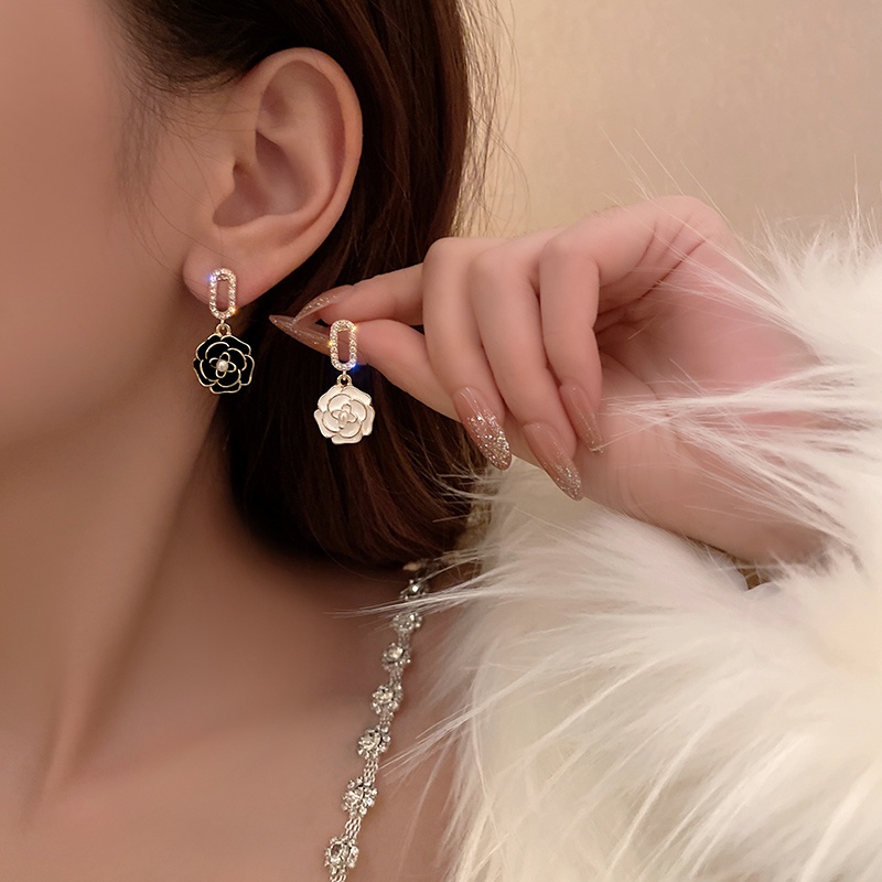 Bông Tai Hình Vuông Đính Hoa Hồng Lấp Lánh Phong Cách Hàn Quốc Thời Trang Cho Nữ