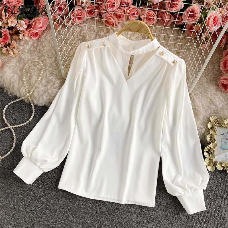 ZANZEA Áo Sơ Mi Vải Satin Tay Dài Cổ Đứng Thời Trang Cho Nữ