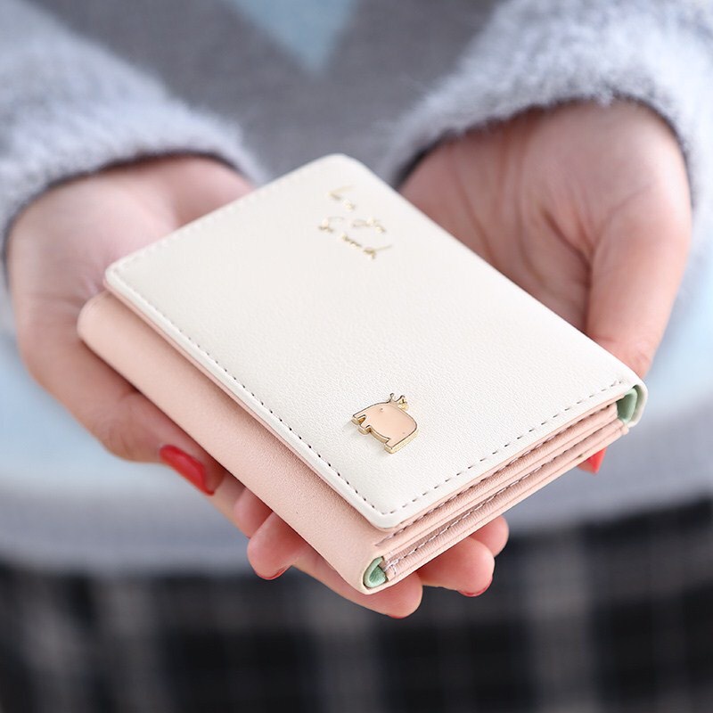 Ví bóp nữ mini ngắn cầm tay gấp 3 nhỏ gọn nhiều ngăn đựng thẻ tiện dụng phong cách Hàn Quốc đính chú voi cute đẹp VN002