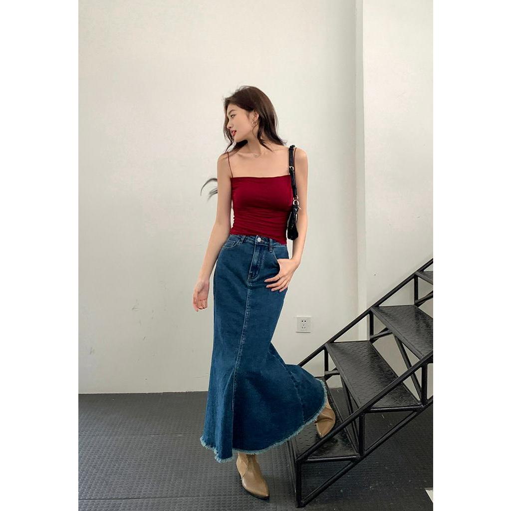 Chân Váy Denim Tua Rua Lưng Cao Dáng Dài Thời Trang Sành Điệu 63431