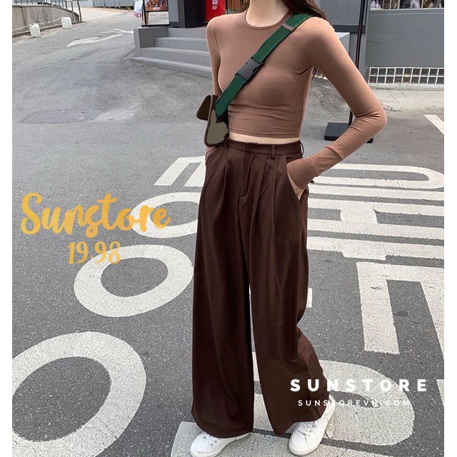 Quần ống rộng suông cài nút và áo croptop form ôm màu nâu ulzzang | BigBuy360 - bigbuy360.vn