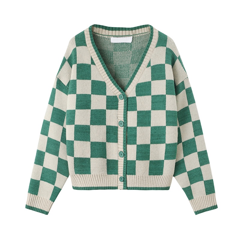NUZIRO Áo khoác cardigan  dệt kim cổ chữ V dáng rộng họa tiết caro thời trang dành cho nữ