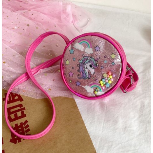 Túi đeo chéo hình tròn hoạt hình ngựa pony unicorn dễ thương cho bé gái