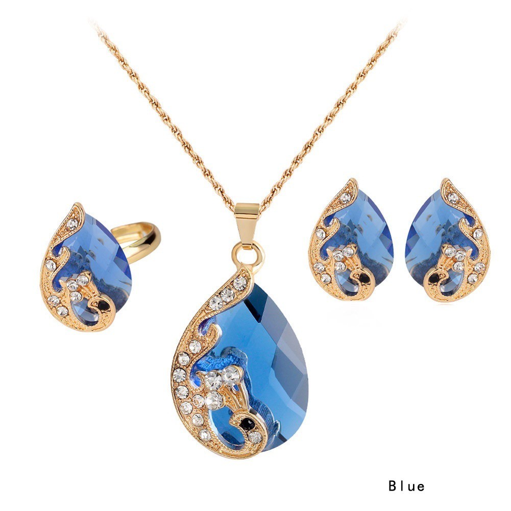 Set 1 đôi khuyên tai + 1 dây chuyền + 1 chiếc nhẫn đính đá cho nữ