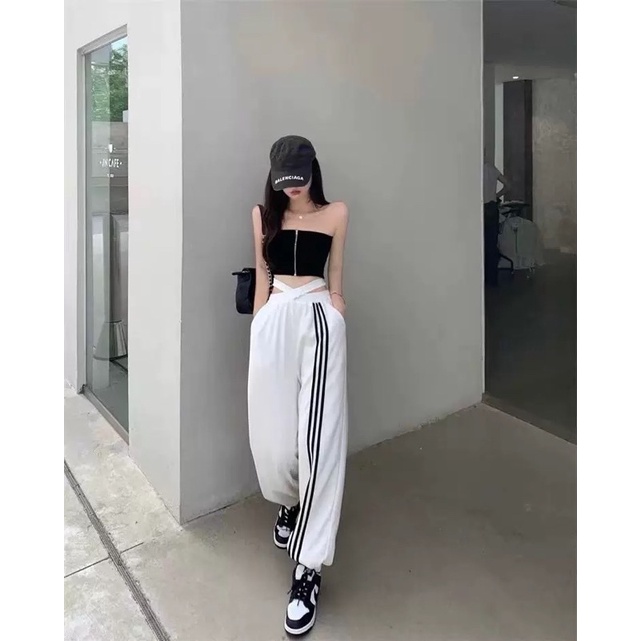 Quần jogger - Quần thể thao nữ có dây eo hoạ tiết kẻ sọc thời trang mặc mùa hè cho nữ