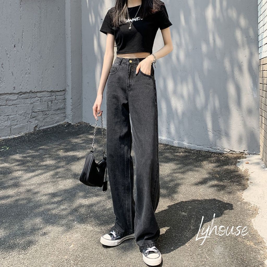 Quần jeans nữ màu đen basic ống suông rộng phong cách Ulzzang phiên bản trơn FC58 Rubydiz