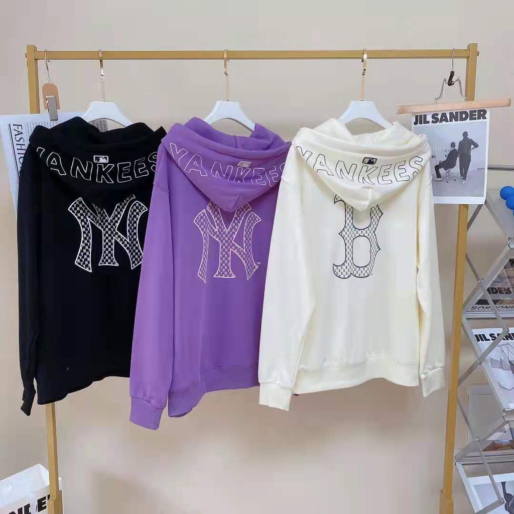 Áo Hoodie Màu Trơn In Chữ Logo Mlb Phong Cách Hàn Quốc Cho Nam Và Nữ