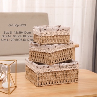 Hộp giỏ cói lót vải hình chữ nhật, giỏ đa năng đựng đồ dùng, đồ ăn xinh xắn